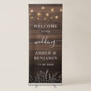 Rustic Barn Wood String Lights Wedding Retractable Banner
