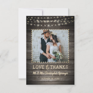 Rustic Barn Wood String Lights Wedding Thank You Card