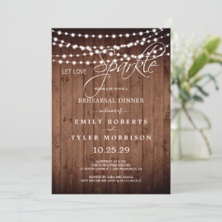 Rustic Barn Wood Strings Light Rehearsal Dinner Invitation