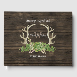 Rustic Barn Wood Succulent Antlers Country Wedding Guest Book