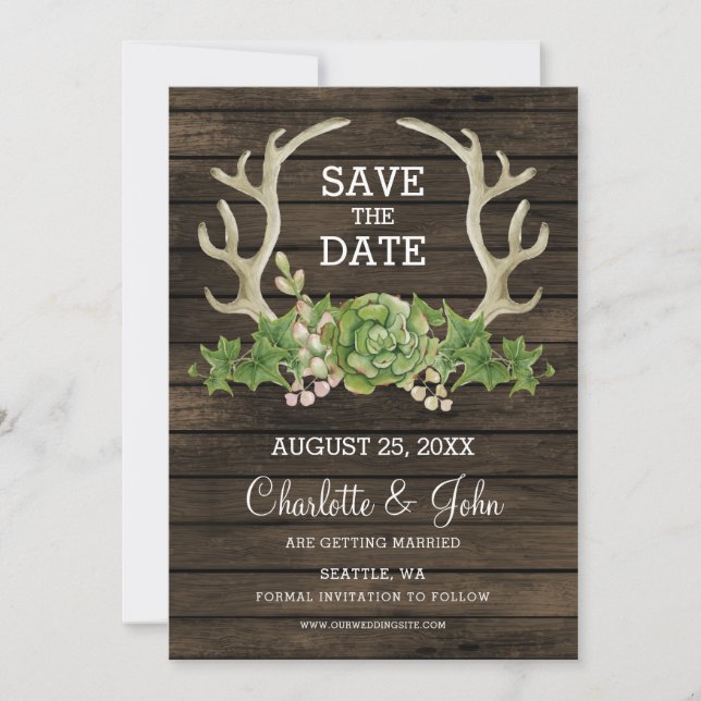 Rustic Barn Wood Succulent Antlers Save the Date Announcement (Front)