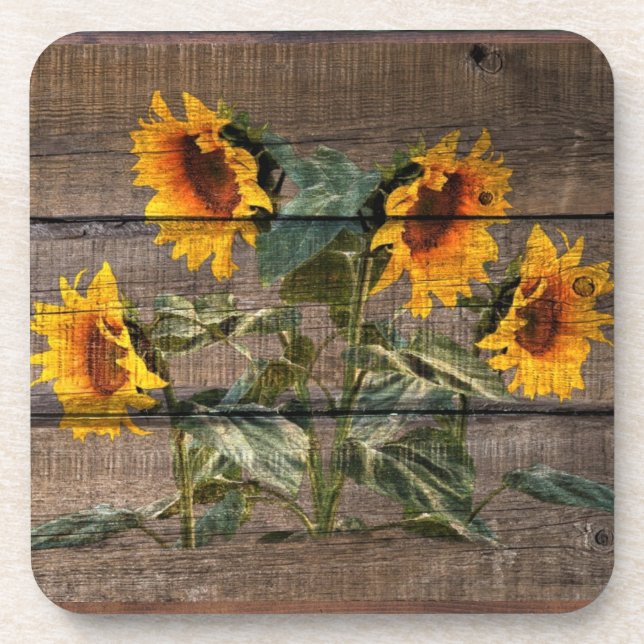 Rustic Barn Wood Sunflower Coaster (Front)