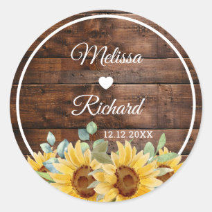 Rustic Barn Wood Sunflower Country Wedding Favor Classic Round Sticker