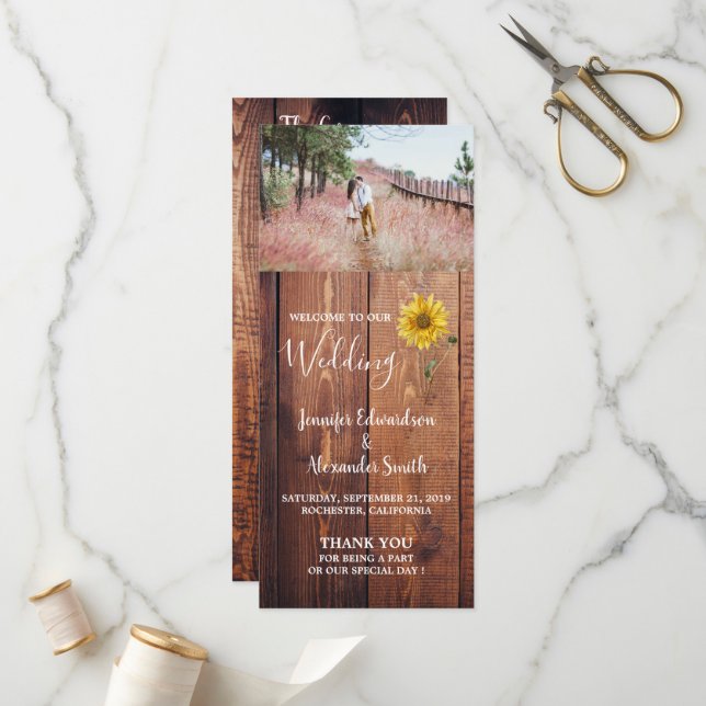 Rustic barn wood sunflower country wedding program programme (Front/Back In Situ)