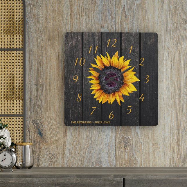 Rustic barn wood sunflower family farmhouse square wall clock (Creator Uploaded)