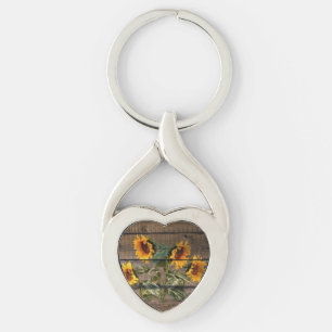 Rustic Barn Wood Sunflower Key Ring