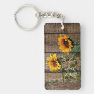 Rustic Barn Wood Sunflower Key Ring