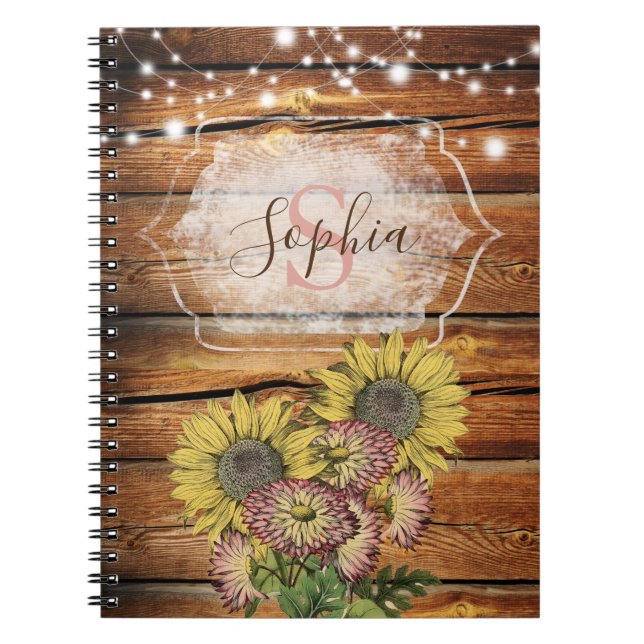 Rustic Barn Wood Sunflower Monogram Notebook (Front)
