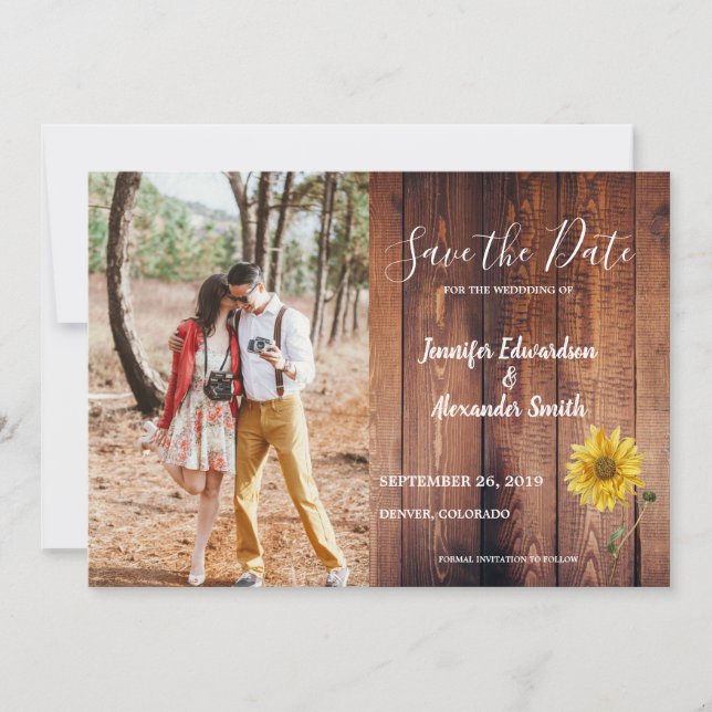 Rustic barn wood sunflower photo country save the date (Front)