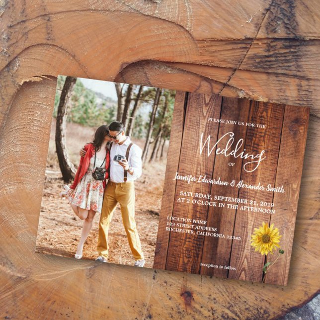 Rustic barn wood sunflower photo country Wedding Invitation (Creator Uploaded)