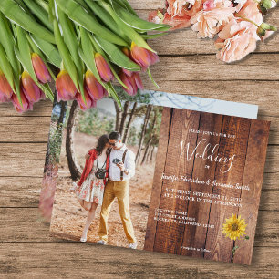Rustic barn wood sunflower photo country Wedding Invitation