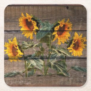 Rustic Barn Wood Sunflower Square Paper Coaster