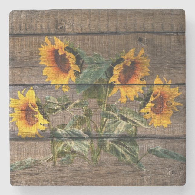 Rustic Barn Wood Sunflower Stone Coaster (Front)