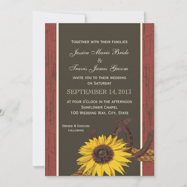 Rustic Barn Wood Sunflower Wedding Invitation (Back)