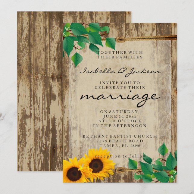 Rustic Barn Wood Sunflower Wedding Invitation (Front/Back)