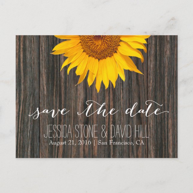 Rustic Barn Wood & Sunflower Wedding Save the Date Announcement Postcard (Front)