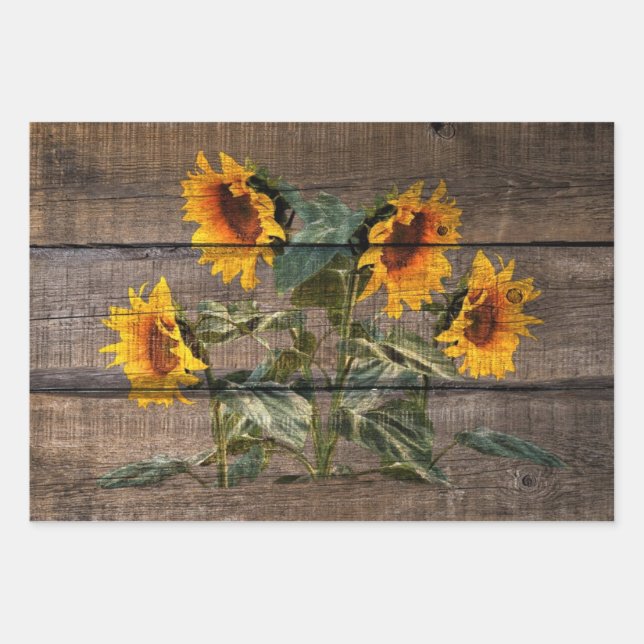 Rustic Barn Wood Sunflower Wrapping Paper Sheet (Front 2)