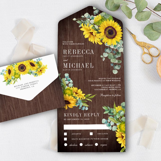 Rustic Barn Wood Sunflowers and Eucalyptus Wedding All In One Invitation (Creator Uploaded)