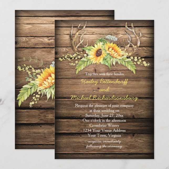 Rustic Barn Wood Sunflowers Antlers Wedding Invitation (Front/Back)