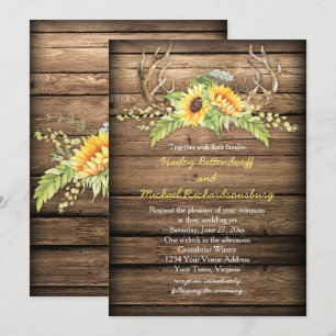 Rustic Barn Wood Sunflowers Antlers Wedding Invitation