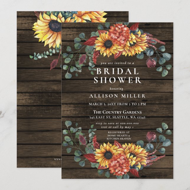 Rustic Barn Wood Sunflowers Bridal Shower Invitation (Front/Back)