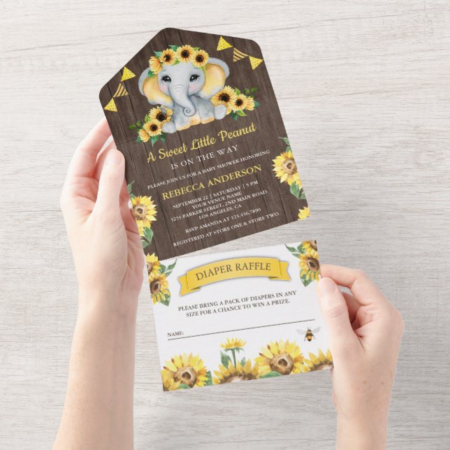 Rustic Barn Wood Sunflowers Elephant Baby Shower All In One Invitation (Tearaway)
