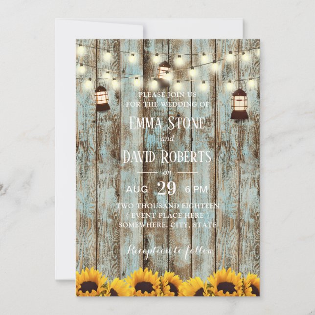 Rustic Barn Wood Sunflowers Lantern Wedding Invitation (Front)
