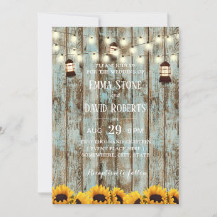 Rustic Barn Wood Sunflowers Lantern Wedding Invitation