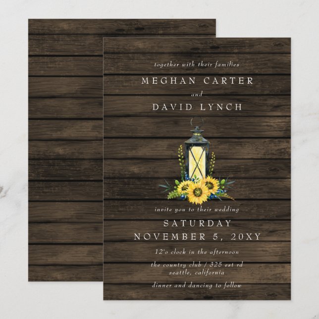 Rustic Barn Wood Sunflowers Lantern Wedding  Invitation (Front/Back)