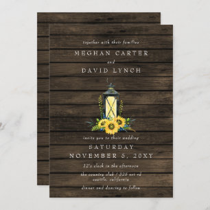 Rustic Barn Wood Sunflowers Lantern Wedding  Invitation