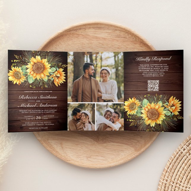Rustic Barn Wood Sunflowers Photo QR Code Wedding Tri-Fold Invitation (Creator Uploaded)