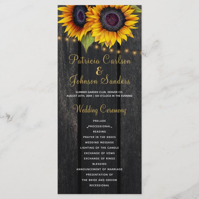 Rustic barn wood sunflowers wedding program programme (Front)