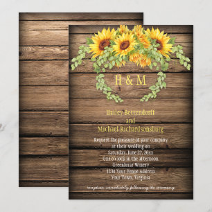Rustic Barn Wood Sunflowers Wreath Antlers Wedding Invitation