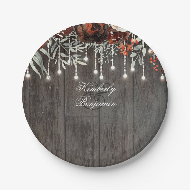 Rustic Barn Wood Texture Old Aged Burgundy Floral Paper Plate (Front)
