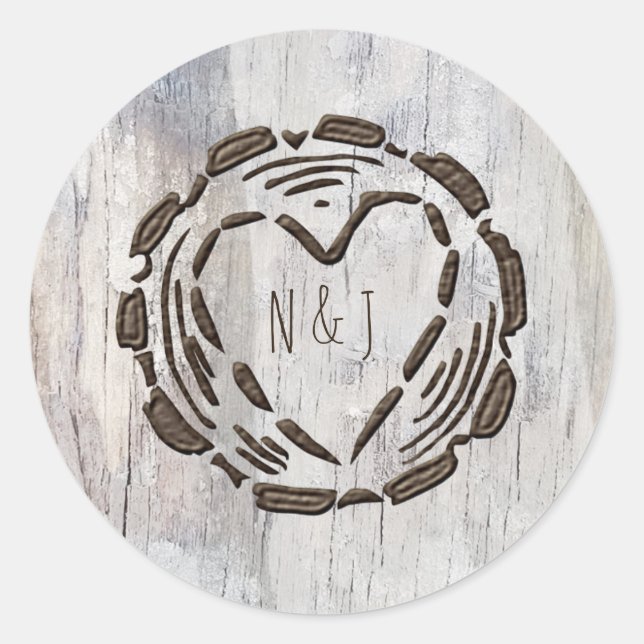 Rustic Barn Wood Tree Stump Heart Wedding Favour Classic Round Sticker (Front)