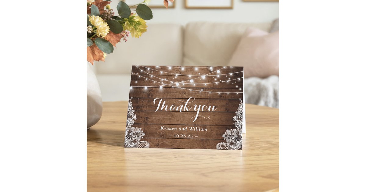 Rustic Barn Wood Twinkle Lights Lace Thank You Card | Zazzle