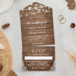 Rustic Barn Wood Twinkle Lights Wedding All In One Invitation<br><div class="desc">This invitation features a beautiful barn wood background adorned with string lights, creating a romantic and cosy atmosphere. The all-in-one format includes essential wedding details and a detachable RSVP card for easy guest responses. Personalise this invitation using Zazzle's design tool to add your own touch and create a truly unique...</div>
