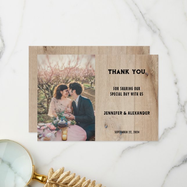 Rustic barn wood typography photo country wedding thank you card (Front/Back In Situ)