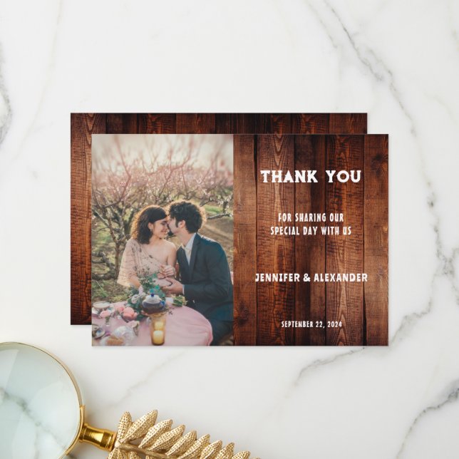 Rustic barn wood typography photo country wedding thank you card (Front/Back In Situ)