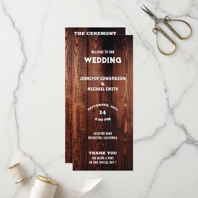 Rustic barn wood typography rural country wedding programme (Front/Back In Situ)
