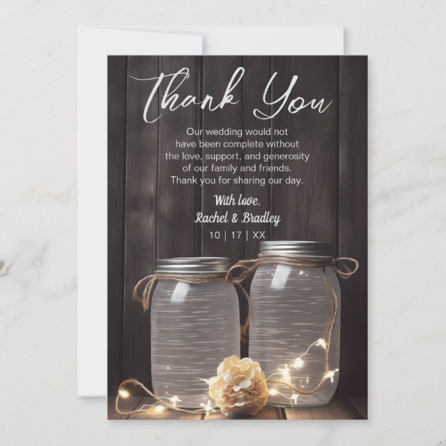 Rustic Barn Wood Wedding Mason Jar Light Floral Thank You Card (Front)