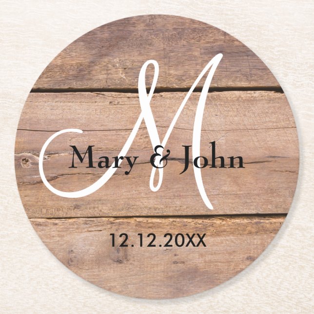 Rustic Barn Wood Wedding Monogram Round Paper Coaster (Front)