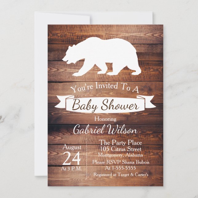 Rustic Barn Wood & White Bear Baby Shower Invitation (Front)