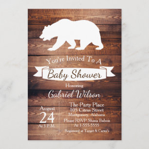 Rustic Barn Wood & White Bear Baby Shower Invitation