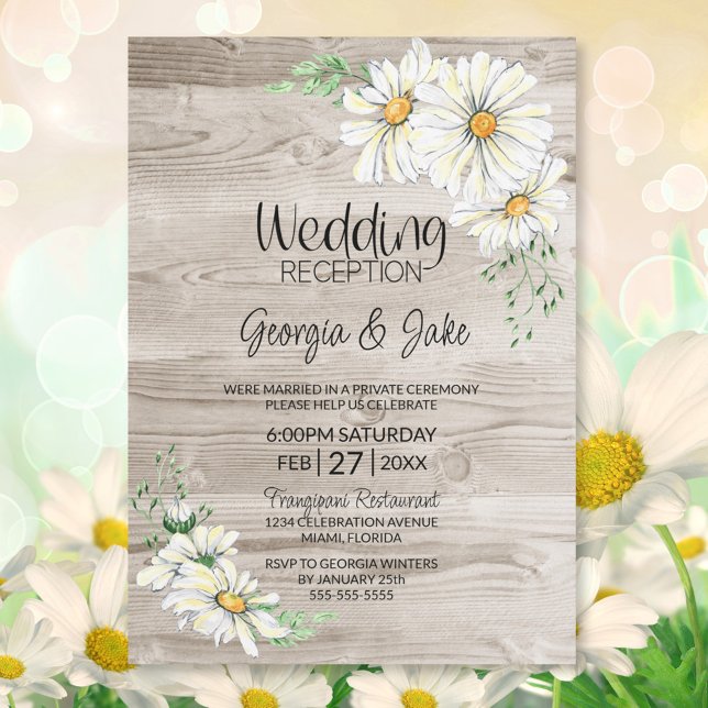 Rustic Barn Wood White Daisies Wedding Reception Invitation (Creator Uploaded)