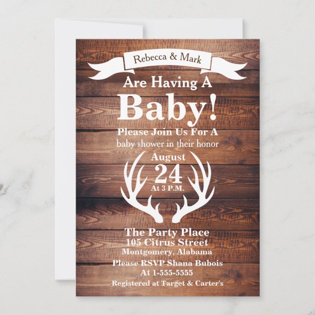 Rustic Barn Wood & White Deer Antlers Banner Invitation (Front)