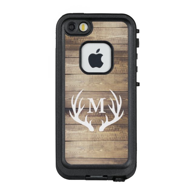 Rustic Barn Wood White Deer Antlers Initial Letter LifeProof iPhone Case (Back)