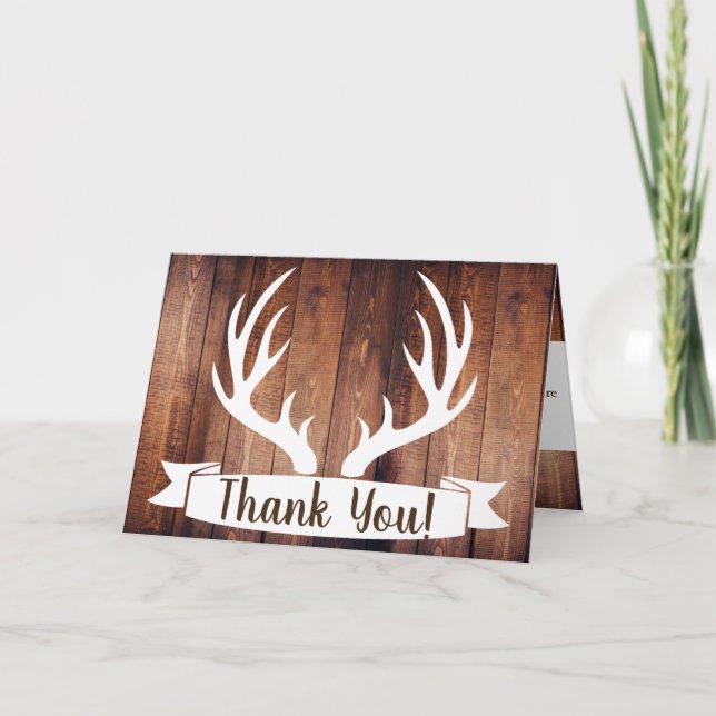 Rustic Barn Wood & White Deer Antlers Thank You (Front)