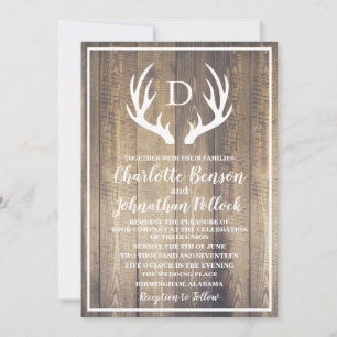 Rustic Barn Wood & White Deer Antlers Wedding Invitation