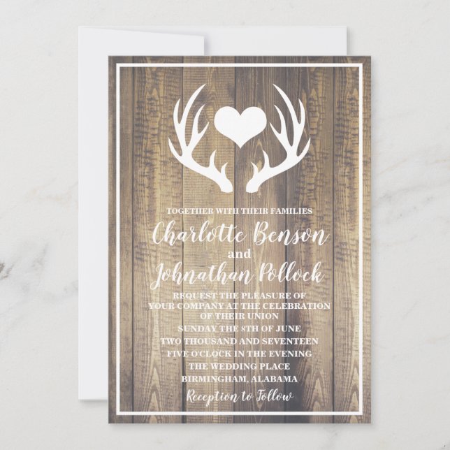 Rustic Barn Wood & White Deer Antlers Wedding Invitation (Front)